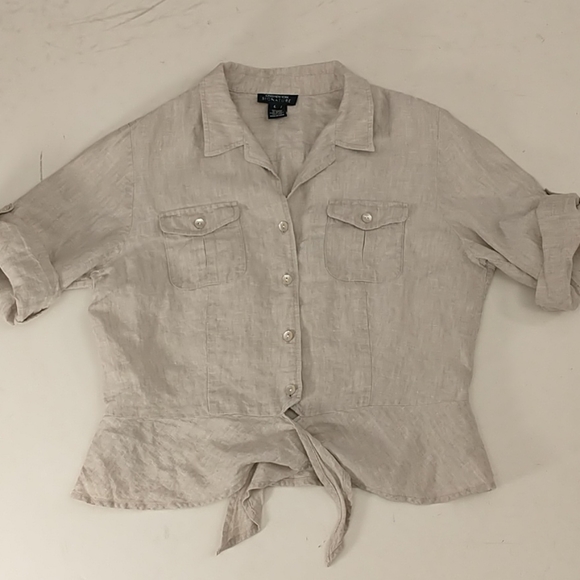 Natural 100% Linen Short Tie Front Top Sexy Safari Neutral Shirt 41" Bust MrkLg - Picture 8 of 13